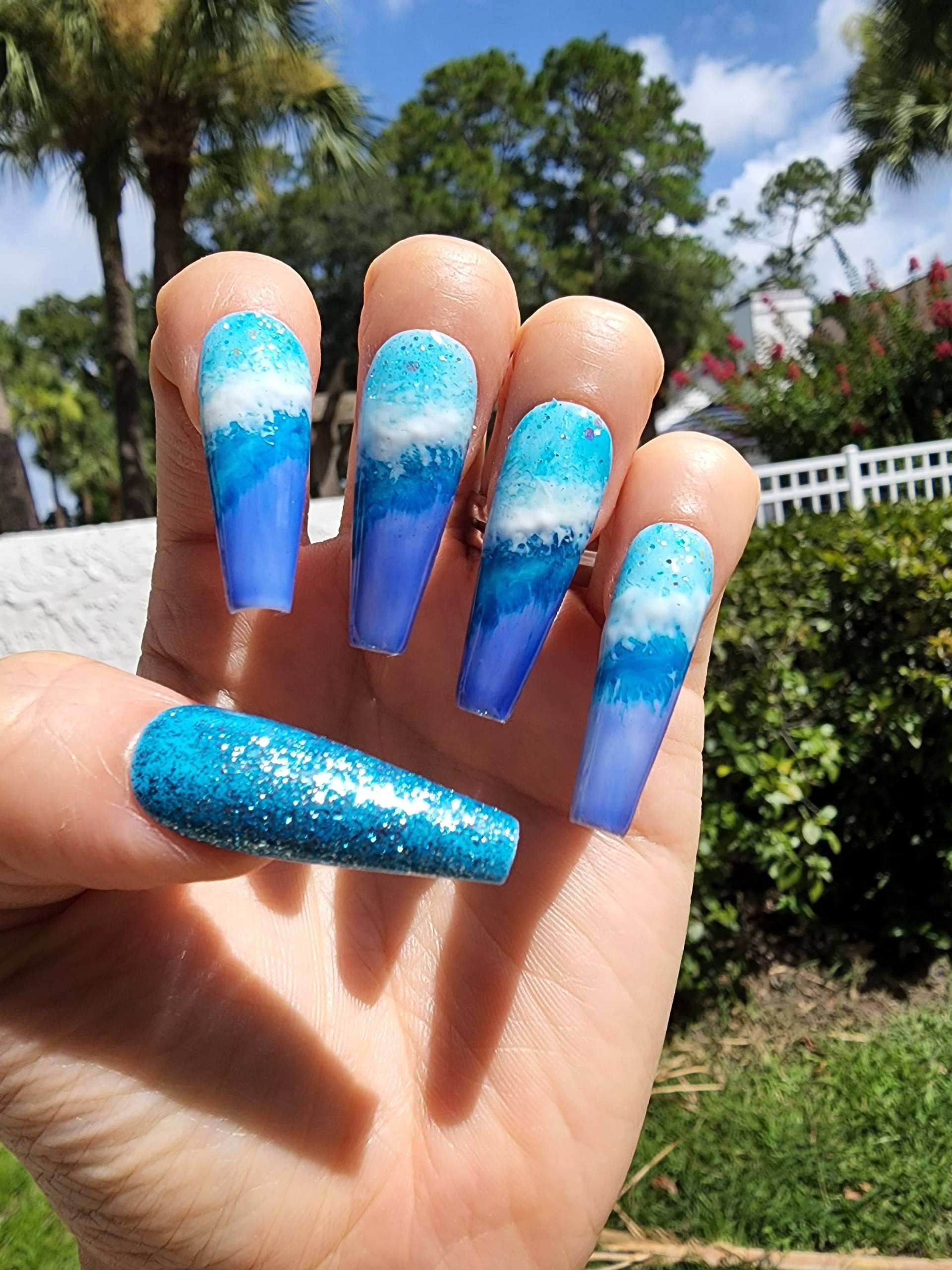 Blau Marmor Gewellte Ozean Drücken Sie Auf Die Nägel von Etsy - cutepressnails