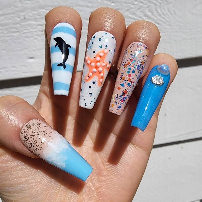 Ocean Delphin Seestern 3D Press On Nägel | Drücken Sie Auf Die Luxus Lange Wellennägel Sommer von Etsy - cutepressnails