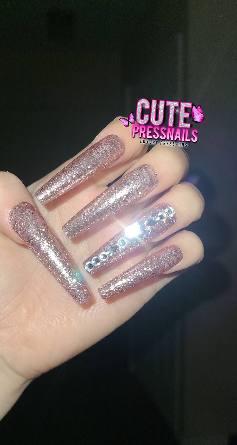 Rose Gold Nägel | Chachampagnerfarbe Bling Glitzer Xxl Press On Nails Luxus Kawaii Braut Glitzer von Etsy - cutepressnails