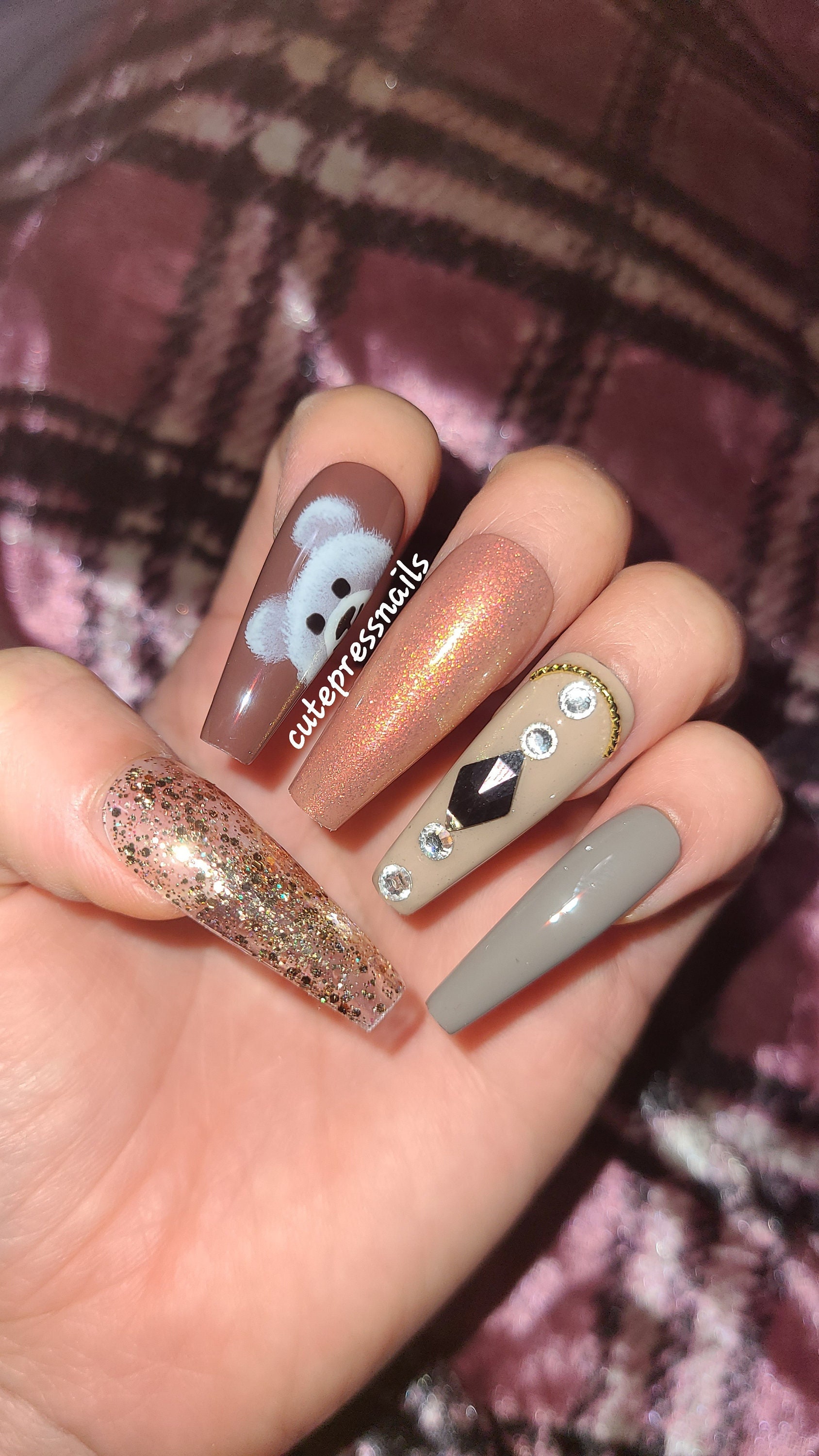 Teddybär Bling Drücken Sie Auf Die Nägel | Gel Acryl Kristall Elegante Luxus Braut Glitzer von Etsy - cutepressnails