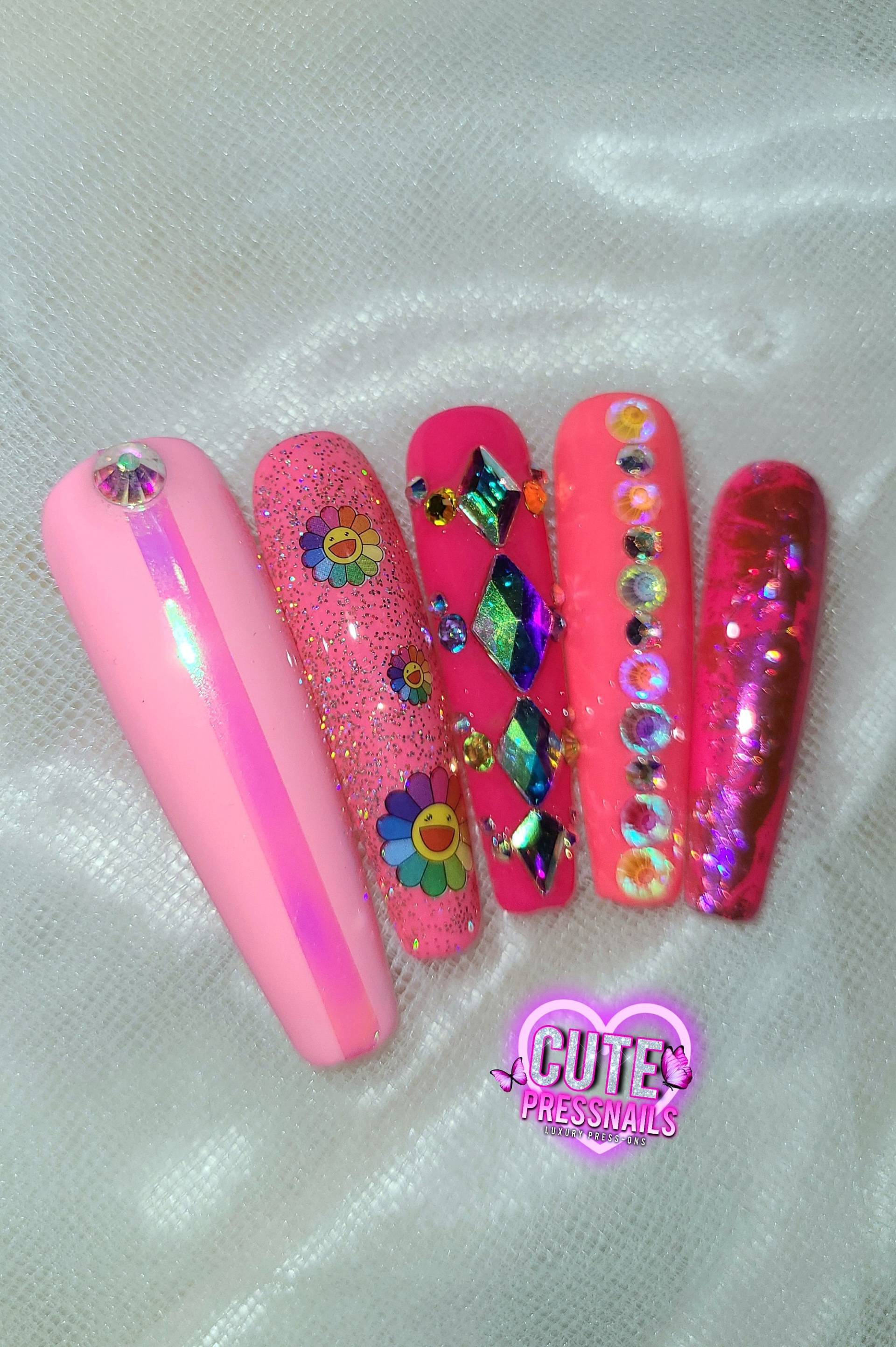 xxl Coffin Pink Bling Luxus Auf Nägel Drücken | Press On Nails Kawaii Braut Kawaii von Etsy - cutepressnails