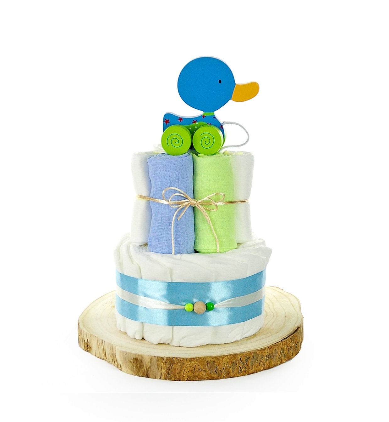 Windeltorte Ziehtier Ente Blau | 2-stöckig Geschenk Geburt Baby 21-Teilig von Etsy - dubistda