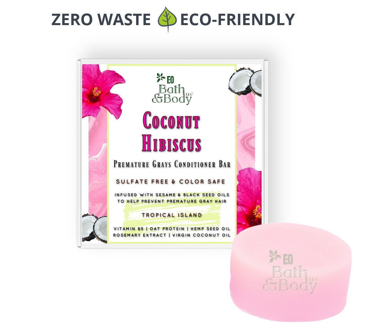 Coconut Pink Hibiscus Solid Conditioner Bar | Anti-Aging-Formel Für Freie Radikale Und Haarwuchs Frontseite Innovative Zutaten von Etsy - earthsownbathnbody