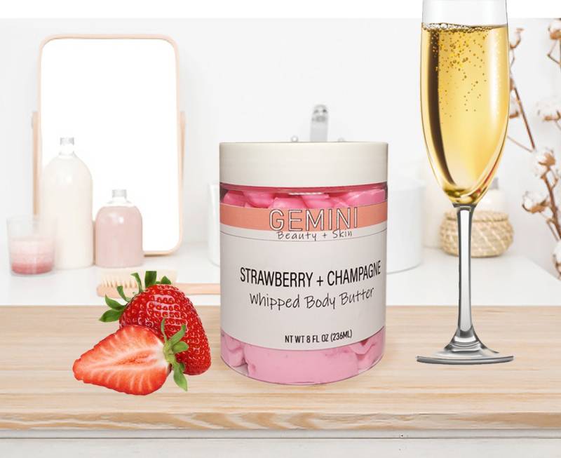 Erdbeer Champagner Geschlagene Körperbutter - Feuchtigkeitsspendendes Körpersoufflé von Etsy - geminibeautyskin