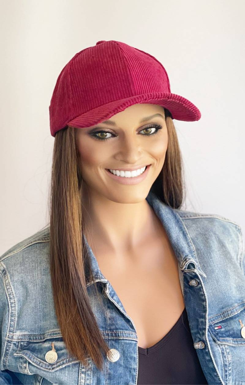 Himbeer Cord Baseball Cap Mit Langen Haaren Befestigt | Hut Angebrachten Perücke| Mütze Haaren| Haare|Perücke Hut|Perücke Haar von Etsy - headscarvesbyciara1