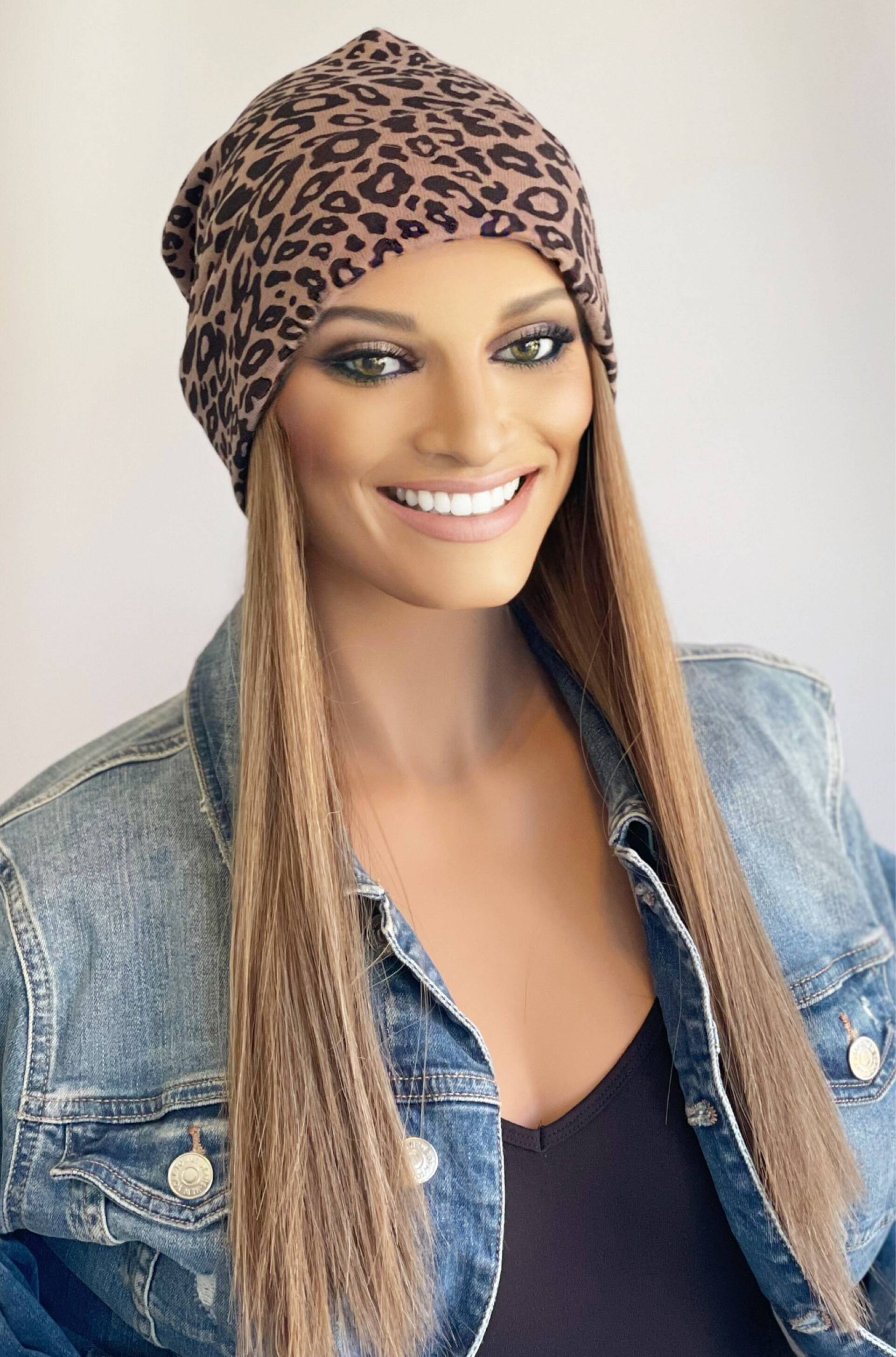 Leichte Beanie Mit Leopardenmuster Und Langen Haaren Hut Angebrachten | Perücke| Mütze Haaren| Haare|Perücke Hut|Perücke Haar von Etsy - headscarvesbyciara1