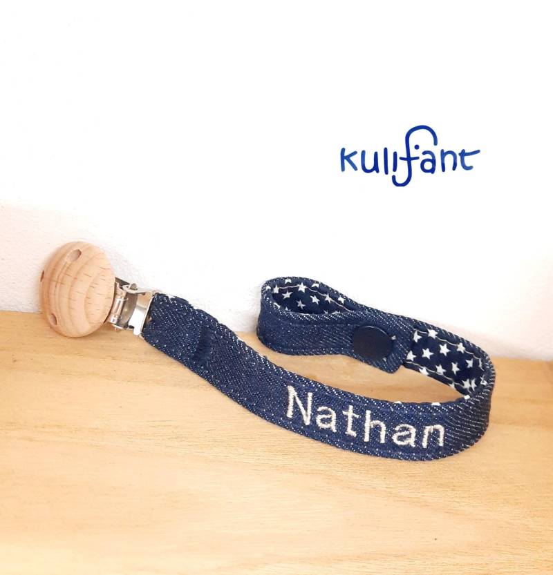 Dünneres Jeans Denim Schnullerband Zart Schlicht Mini Schmal Natur Marineweiß Mit Name Namen Bestickt Holzclip Geburt Babygeschenk von Etsy - kulifant