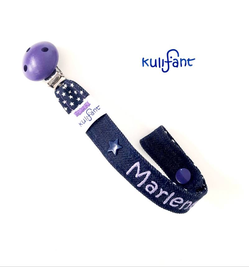 Jeans Denim Schnullerband Babygeschenk Dummyholder , Mit Name Namen Lila Flieder Sterme Blau Schlicht Personalisierbar von Etsy - kulifant