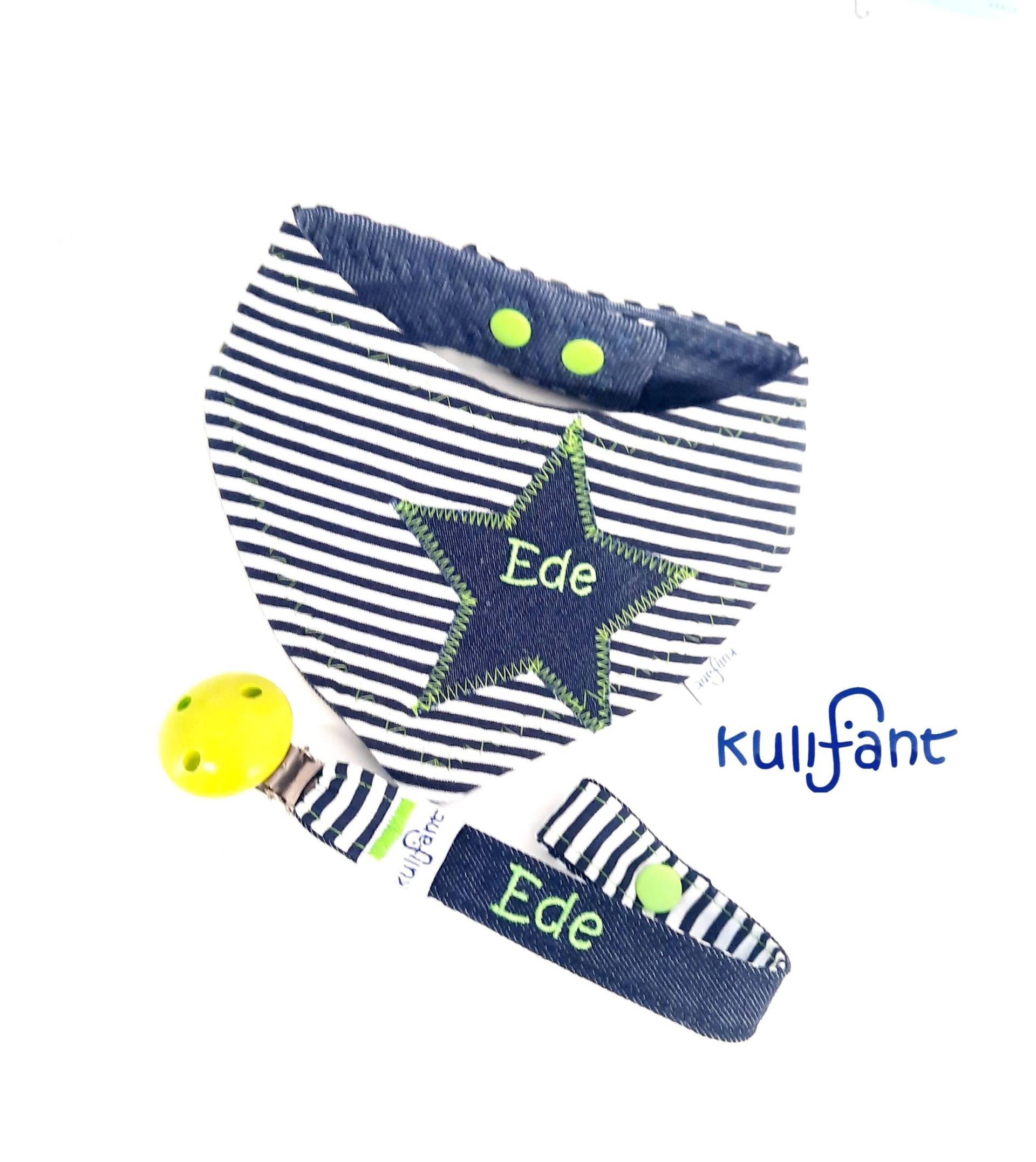 Set Jeans Denim Schnullerband & Dreieckstuch Wendetuch/ Streifen Maritim Blau Weiss Hellblau, Mit Name von Etsy - kulifant