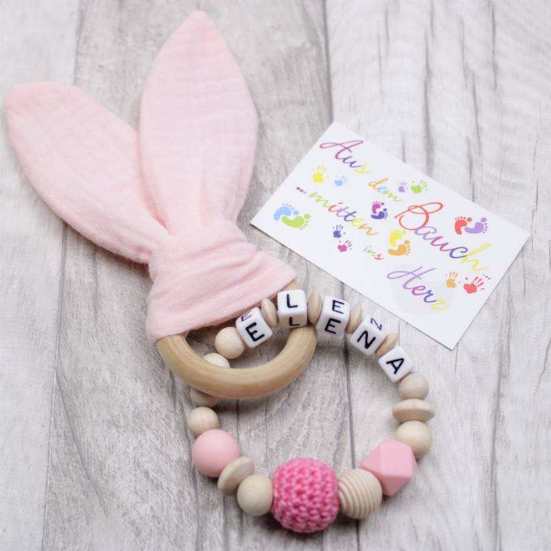 Greifring Personalisiert Für Mädchen Und Jungen, Mit Hasenohren Aus Musselin, Farbwahl, Greifling Namen, Baby Geschenk Zur Geburt von Etsy - luckimade