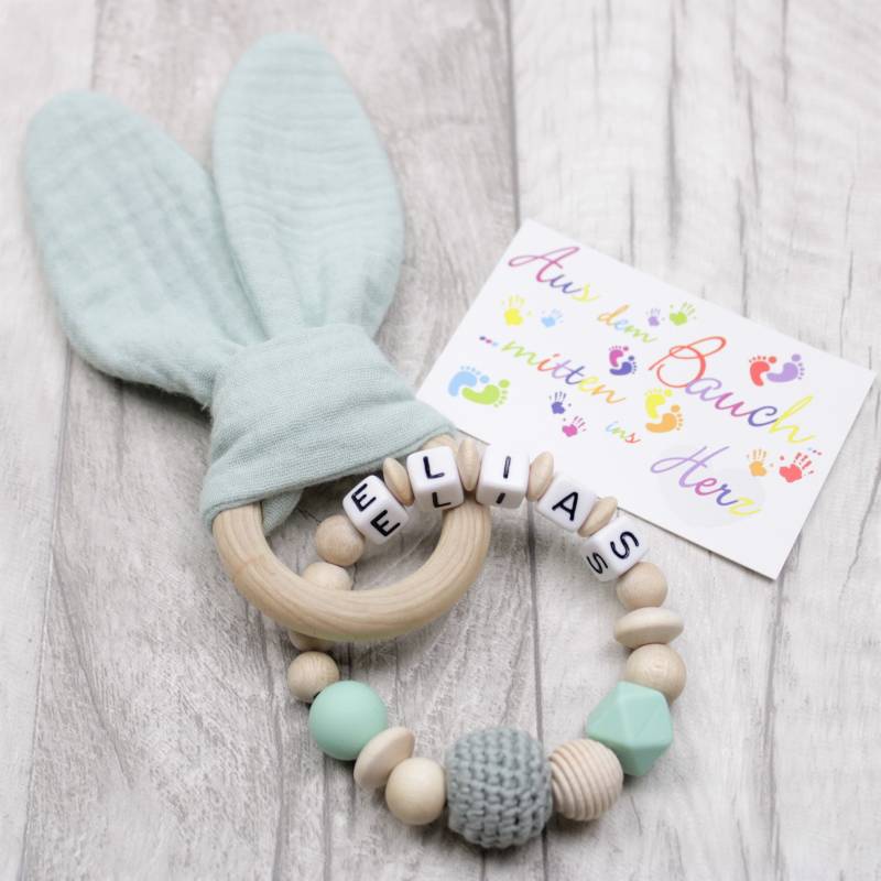 Greifring Personalisiert Für Mädchen Und Jungen, Mit Hasenohren Aus Musselin, Farbwahl, Greifling Namen, Baby Geschenk Zur Geburt von Etsy - luckimade