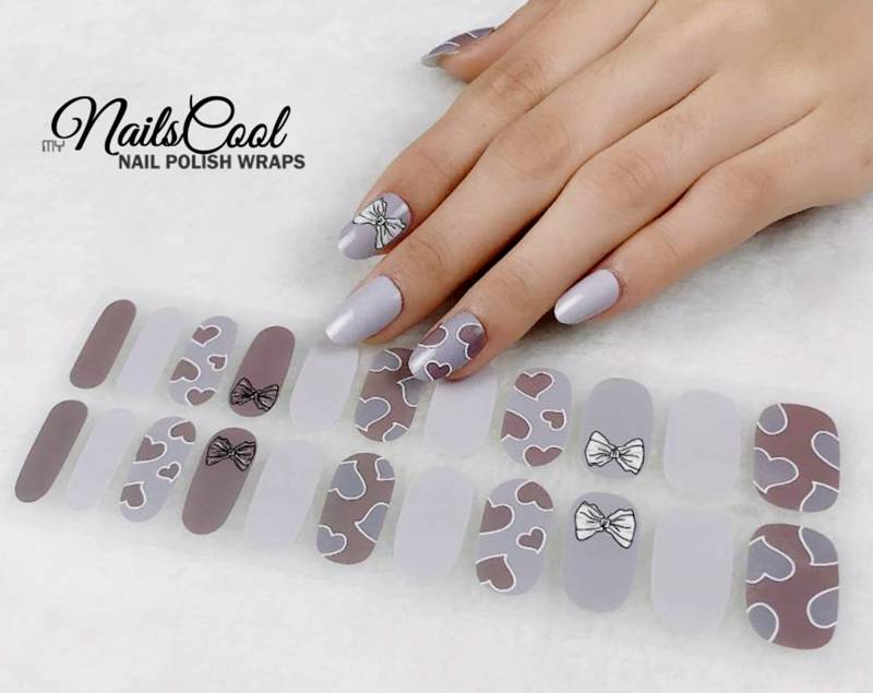 Beige Grau Farbe 3D Echt Nagellack Streifen Nailart Wraps Street Art Design Herzen & Schleifen 22 von Etsy - myNailsCool