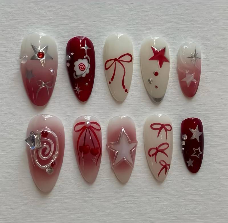 Bow-Tiful Y2K - Selbstgemachte 3D Press-On Nails Weihnachtliche Nägel Designs von Etsy - nailauraDE