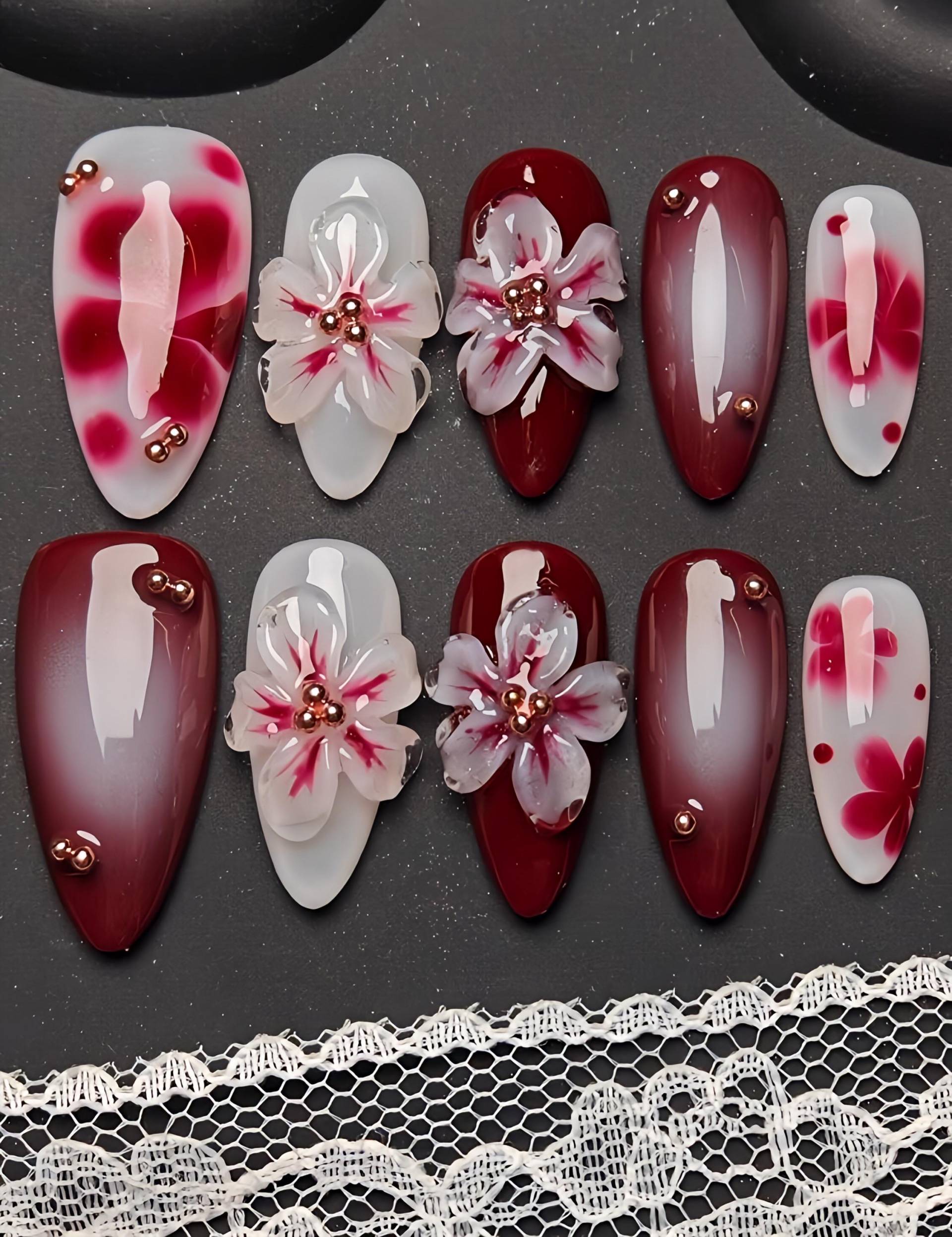 Burgundy Aurora - 3D Selbstgemachte Nägel Zum Aufpressen von Etsy - nailauraDE