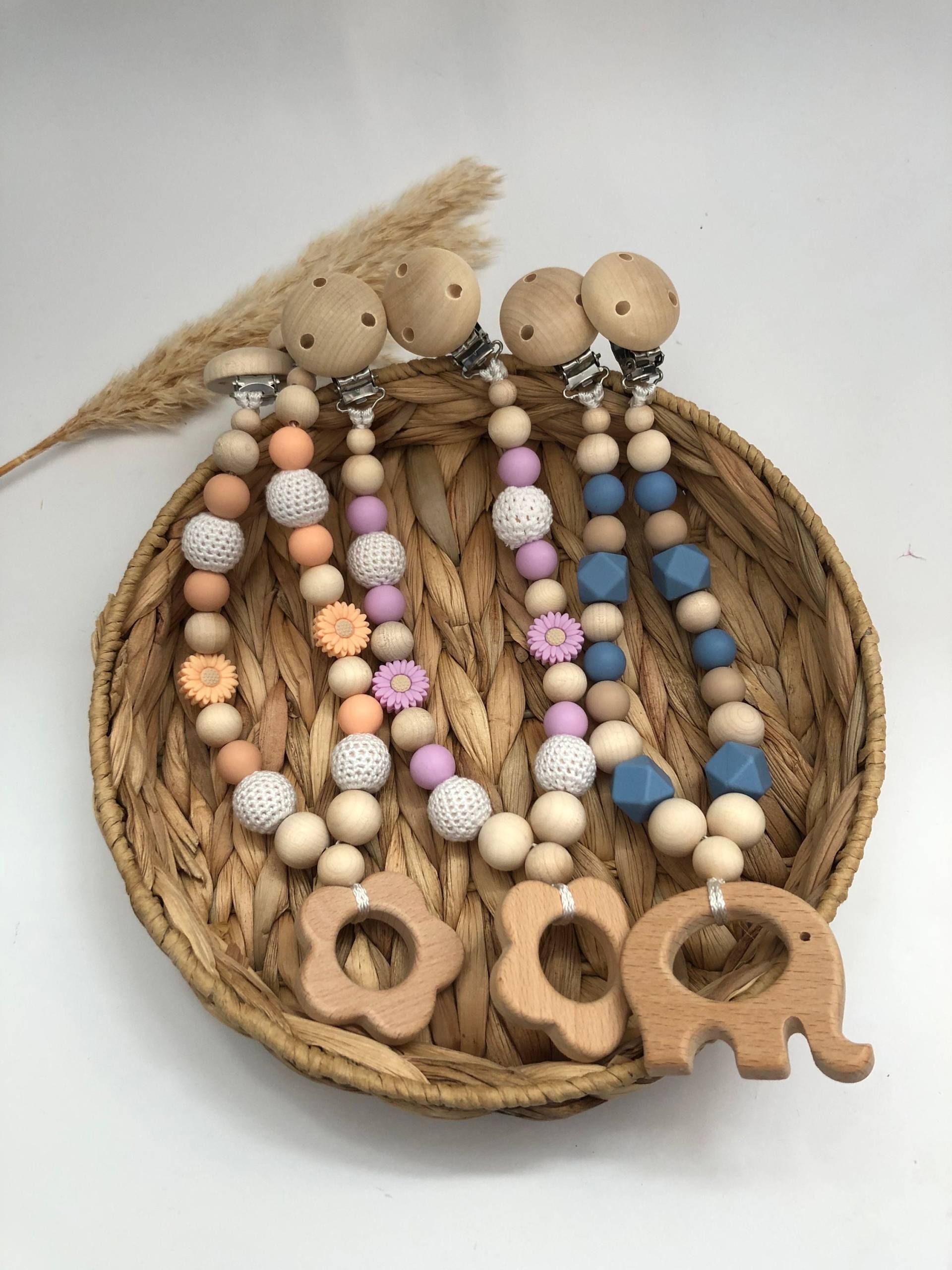 Set Kinderwagenkette Schnullerkette Namen Personalisiert Elefant Blume Holz Silikon Weiß Beige Blau Lila Baby Geschenk Mädchen Junge Geburt von Etsy - nuniLaedchen