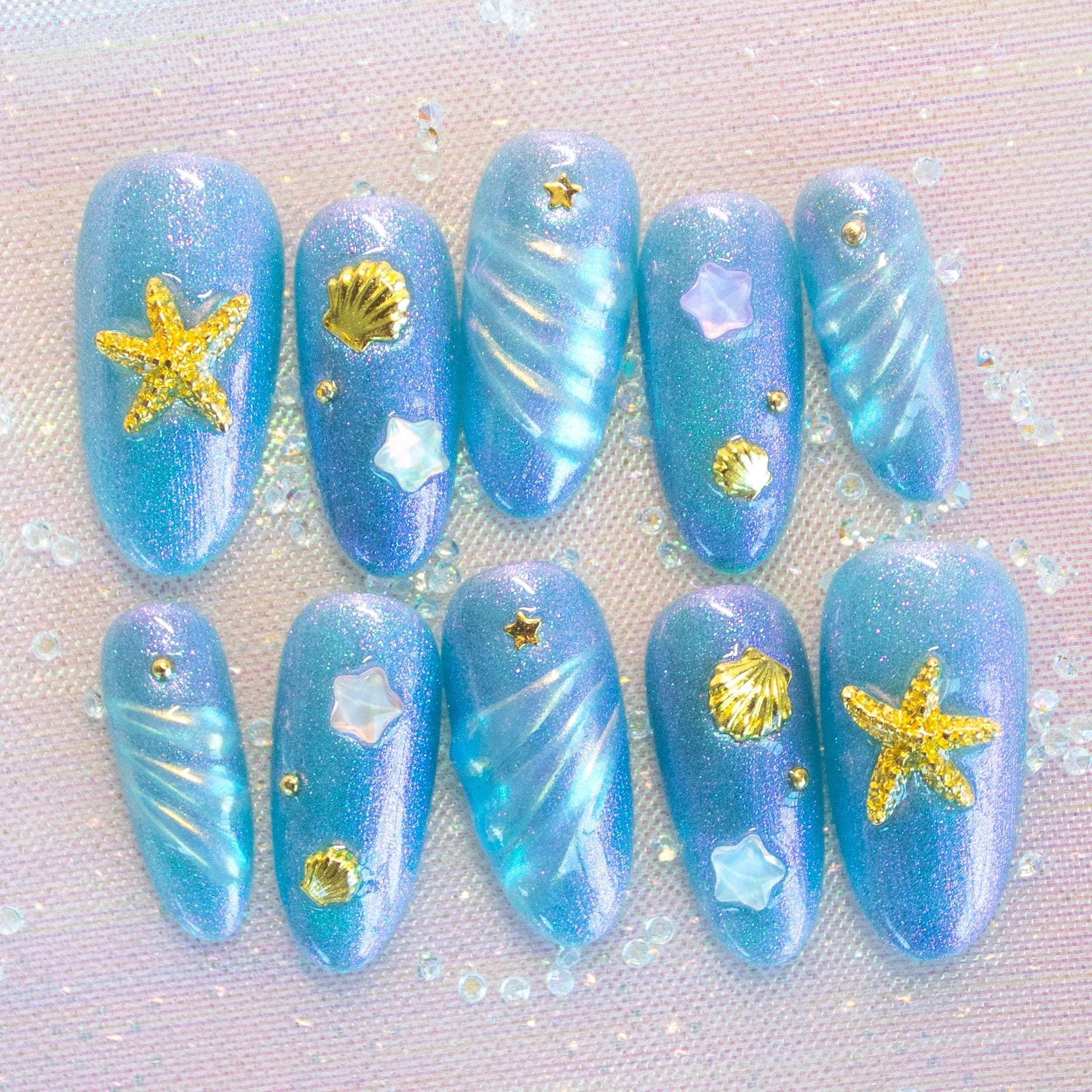 sternenmeer Press On Nails, Meerjungfrau Sirene Ocean Shell Seestern Künstliche Gefälschte Nagel-Set, Blaue Glitter Magnetpolitur von Etsy - pikaxpaws