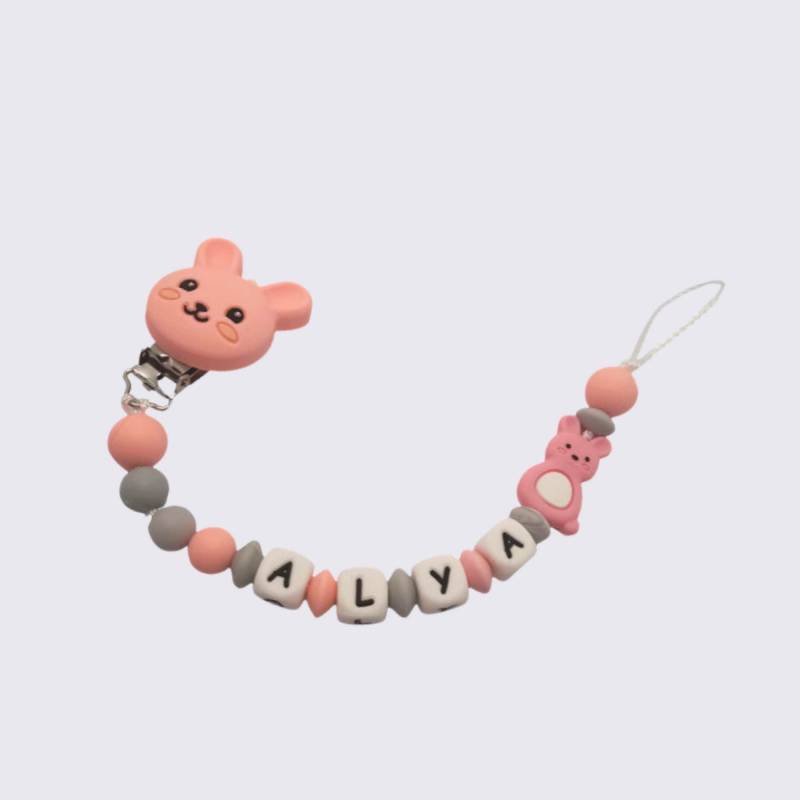 Personalisierter Rosa Hasen-Schnullerclip/Grau Personalisiertes Geburtsgeschenk Für Mädchen von Etsy - planetebebe