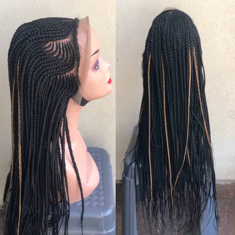 6 Teilige Cornrow Handgemachte Geflochtene Perücke | Schwarz Mit Goldenen Highlights Frontales Finish Kostenloser Versand von Etsy - propsNtresses