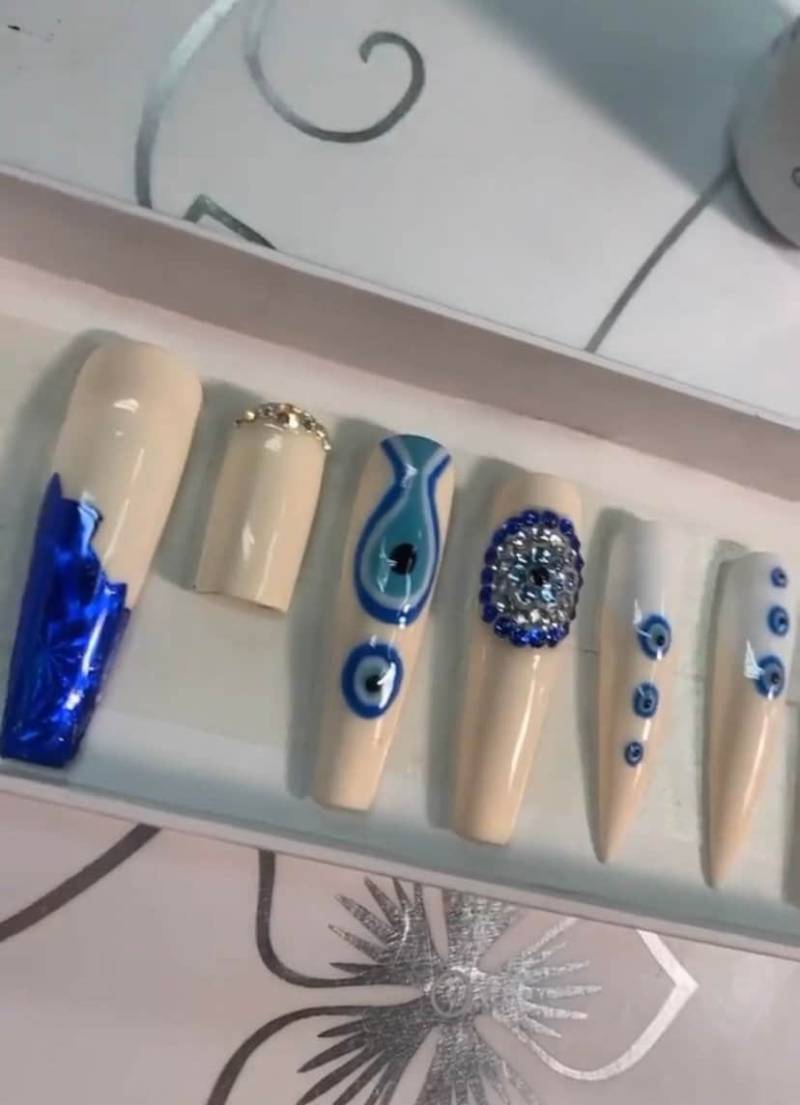 Lange Blaue Sargförmige Schutzaugennägel Mit Bösem Auge Mati Design Und Strasssteinen Für Erwachsene Kinder Baukastengel von Etsy - pureessencenails