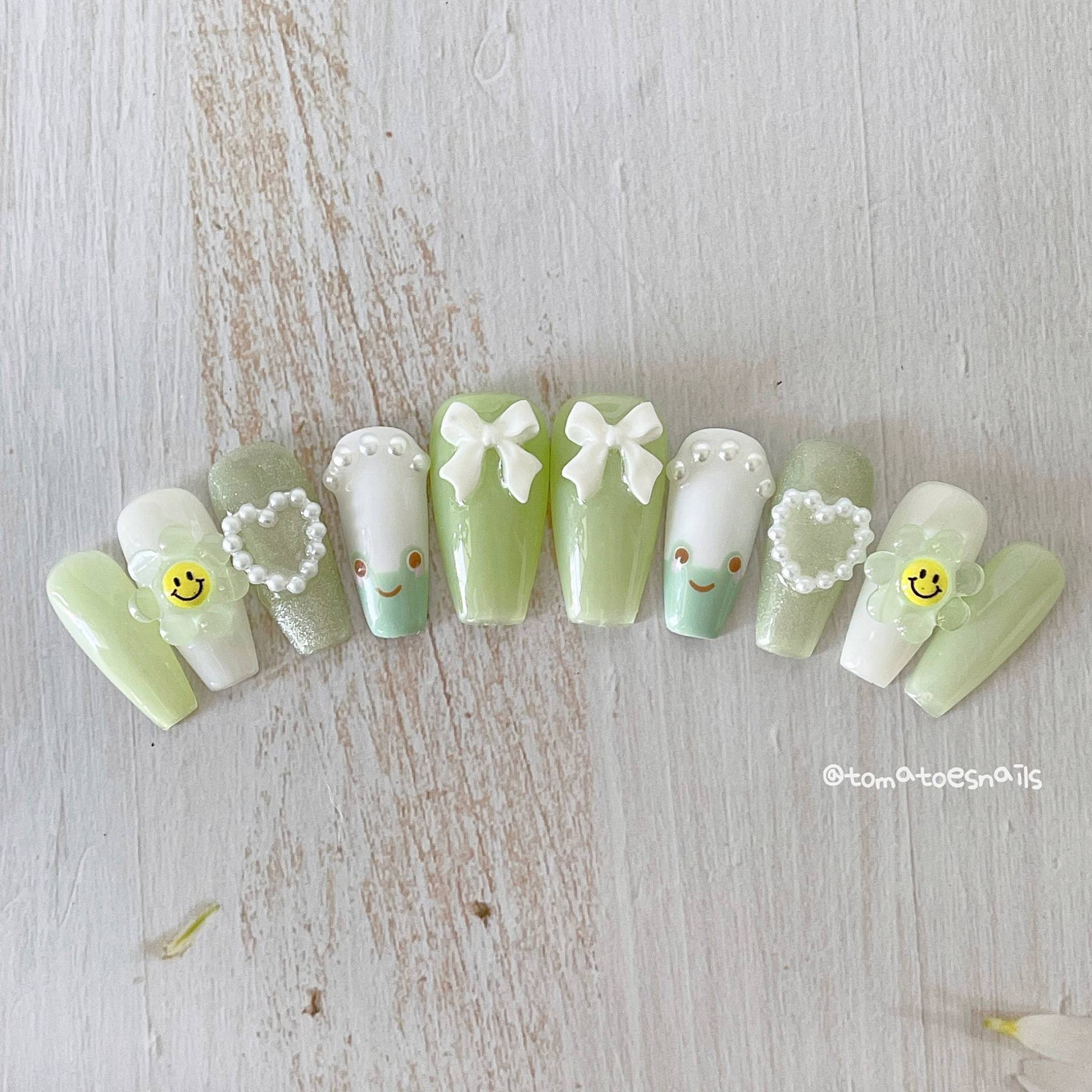 Kleiner Froggy Nägel, Süße Frosch-Nägel, Kawaii Jelly Green Handgemachte Presse Auf Wiederverwendbare Nägel von Etsy - tomatoesnails