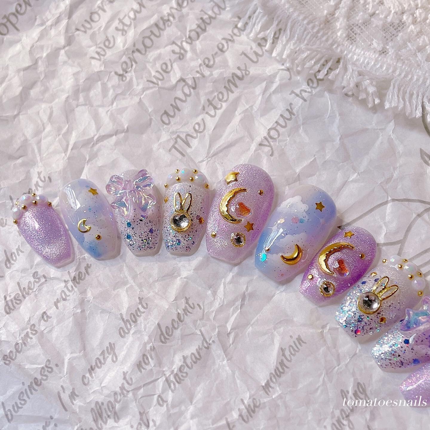 Lilac Sky Nails , Mond Und Star Bunny Kawaii Press On Glitzer Pastell Cloud von Etsy - tomatoesnails