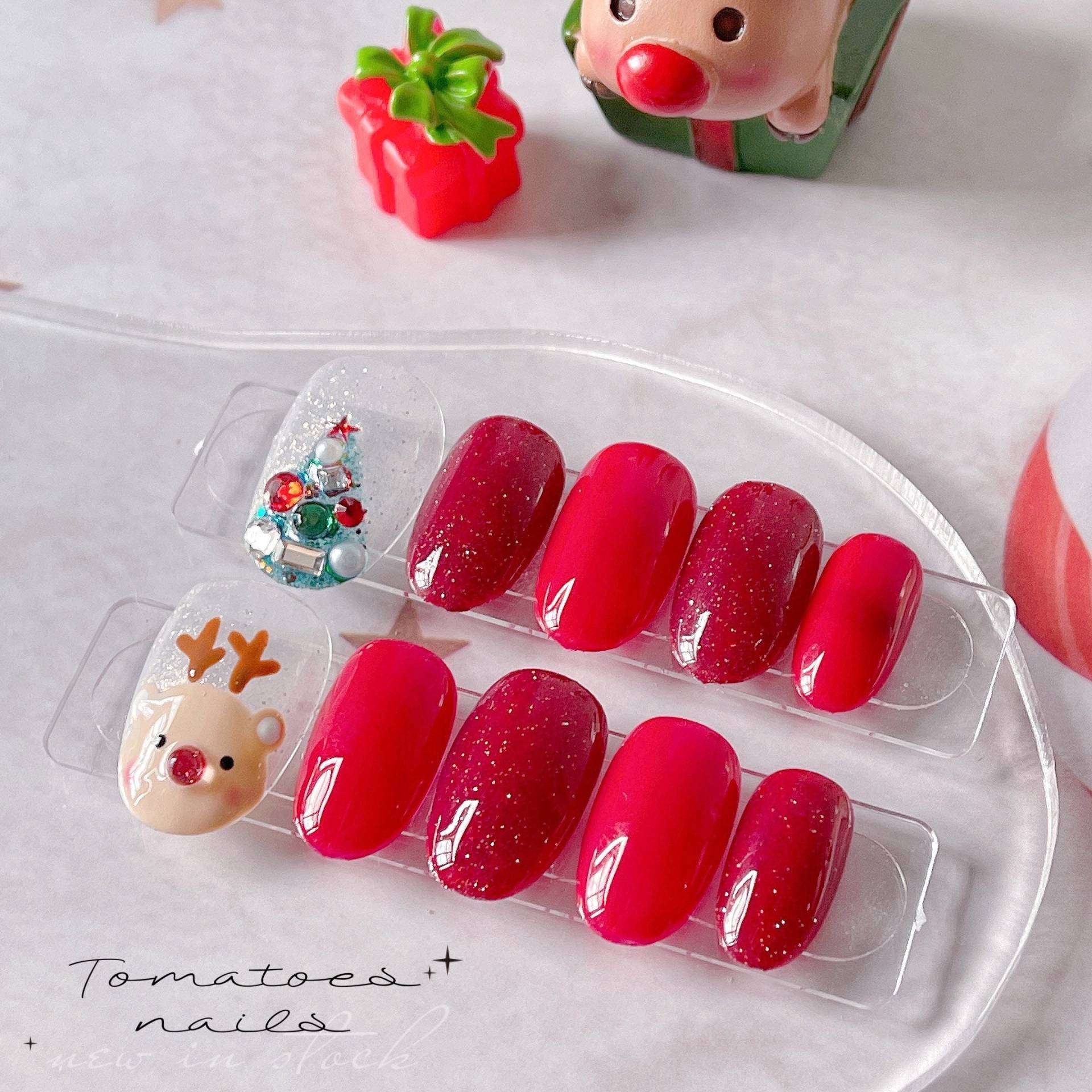 Süße Rentiernägel, Weihnachtsnägel, Hirschnägel, Weihnachtsbaumpressen, Glitzer-Weihnachtsnägel, Rote Glitzernägel von Etsy - tomatoesnails