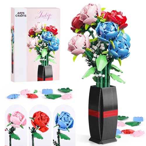 Euakee Blumen Bausteine Bausatz, Blumen Bauspielzeugset mit Vase, DIY Pflanze Blumenstrauß Dekoration, Idee Geschenke für Valentinstag Geburtstage Muttertag (Rosen) von Euakee