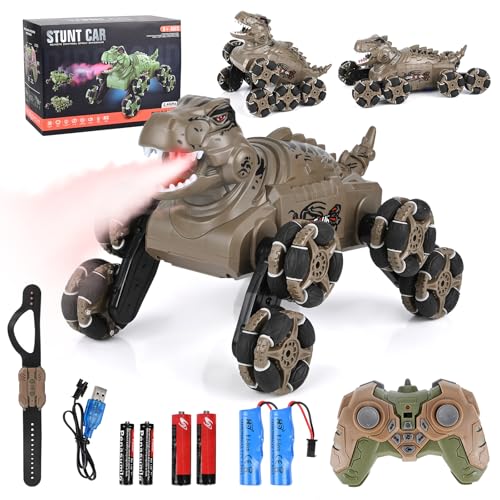 Euakee Ferngesteuertes Auto ab 6 7 8 9 10 Jahre, 8WD 2,4 GHz Monster Truck mit Handsteuerung, RC Stunt Auto mit LED Licht, Musik und Sprays, Dinosaurier Spielzeug & Geschenk für Kinder 6+ Jahre Junge von Euakee