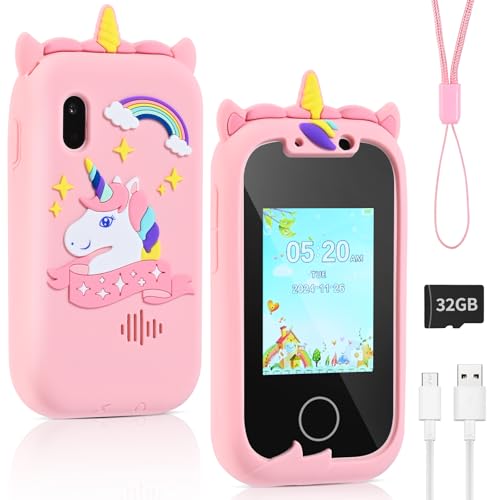 Euakee Kinder Kamera für Kinder, Spielzeug ab 3 4 Jahre Mädchen, Pretend Smartphone mit 32 GB SD-Karte, Kinderhandy Rollenspiel-Handy Einhorn-Geschenkspielzeug für 3-9 Jahre Jungen Mädchen von Euakee