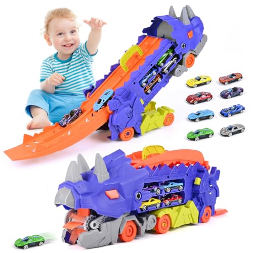 Transport Truck Spielzeug Autos, tragbare Dinosaurier Rennstrecke Truck Spielzeug mit 6 Rennwagen, Träger LKW Fahrzeuge Spielzeug Set für Kinder für Jungen Alter 3 4 5 6 7 von Euakee