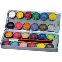 24 Schmink Farben, Metall-Palette, 24 mal 5g Farben, 3 Profi-Schminkpinsel von Eulenspiegel