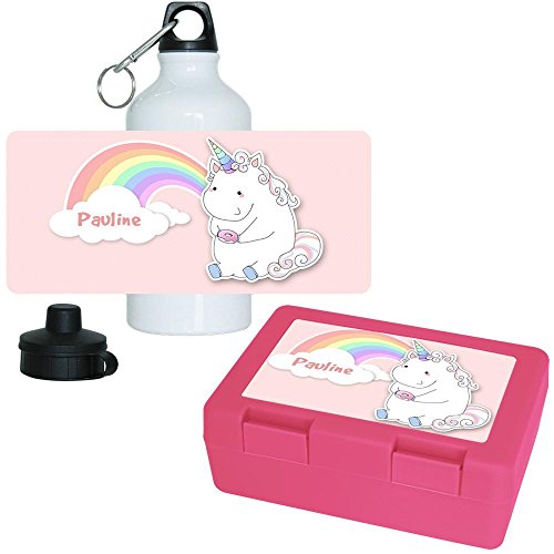 Brotdose + Trinkflasche Set mit Namen Pauline und Motiv - Einhorn mit Donut und Regenbogen - | für Mädchen | Aluminium-Trinkflasche | Lunchbox | Vesper-Box von Eurofoto