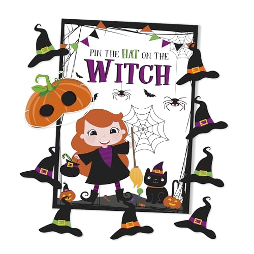 Eurowrap Pin the Hat on the Witch Halloween Partyspiel - Enthält 1 Pappmaske, Poster, 12 Hüte und Klebepunkte - Perfekt für Halloween-Partys, Neuheiten-Spiel, Süßes, Spaß, Gruselig von Eurowrap