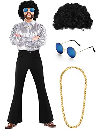 Eurzom Disco-Kostüm-Set für Herren, Disco Glänzendes Hemd, Hose, Funky Afro-Perücke, Halskette, Sonnenbrille für 60/70/80/90er Jahre Party (Silber, S) von Eurzom