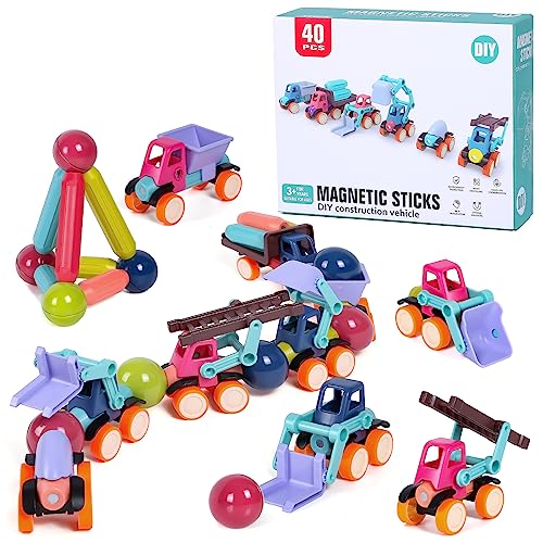 Eutionho Magnetische Bausteine Konstruktionsspielzeug ab 3, 40 Pcs Magnet Pädagogische Spielzeugauto Kinder, Upgraded DIY Konstruktion Fahrzeug Set, Geschenke für 4 5 6 Jarhen Jungen und Mädchen von Eutionho