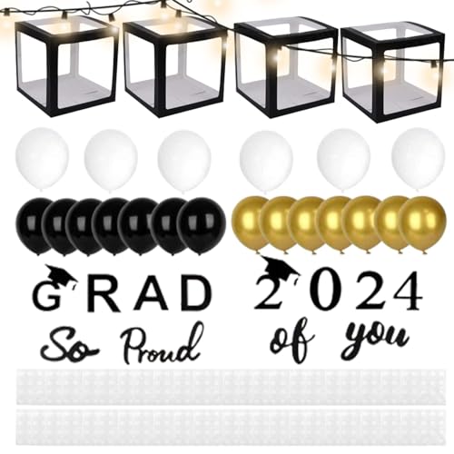 Euyehn 2024 Abschluss-Dekor-Ballonboxen, Abschlussparty-Ballonboxen | Schwarze Party-Ballonboxen | Dekorationen für die Abschlussfeier mit Buchstaben „2024 Grad & So Proud of You“ und Ballons von Euyehn