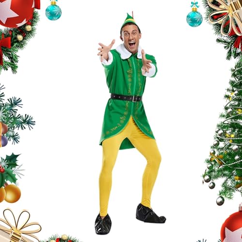 Euyehn Buddy Elfen Kostüm Herren, Elfin Hut Weihnachten Grün und Gelb Kostüm Set, Weihnachtselfen Cosplay Kostüm für Weihnachten, Urlaub, Halloween, Cosplay von Euyehn