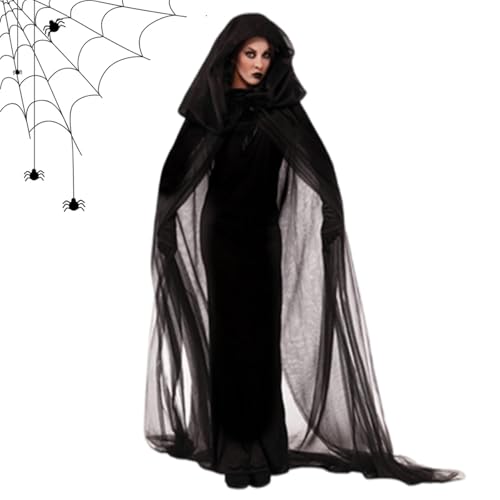 Euyehn Halloween Kapuzenumhang Halloween Cosplay Geist Cosplay Kapuzenumhang Tod Hexe Mesh Langer Umhang Tanzaufführung Kostüm für Erwachsene und Jugendliche von Euyehn