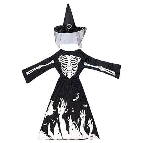 Euyehn Hexenkostüm-Set für Kinder, Hexenkostüme für Mädchen mit Hut | Halloween-Mädchenkleid mit Hut | Skelett-Prinzessin-Halloween-Kostüm für Kinder zum Sammeln von Kostümen und Themen von Euyehn