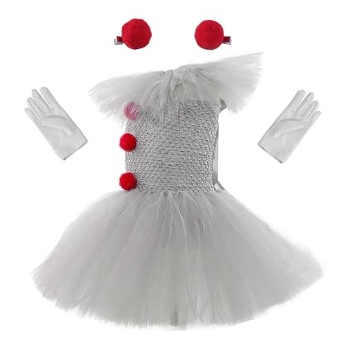 Euyehn Mädchen Halloween Cl0wn Rock mit roter Haarnadel, Halloween-Kostüme, Cl0wn Kinder, weißes Tutu-Kleid mit Handschuhen, stilvolle und niedliche Kostüm-Requisiten für Partys, Alltag und Ausgehen, von Euyehn