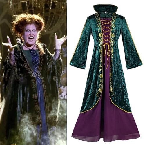 Euyehn Winifred Sanderson Cosplay-Kostüm, Damenkleid, Cosplay-Kostüm, Hexe mit Perücke, mittelalterliches Hexenkostüm, Kleid für Halloween, Erwachsene, grünes Hexengewand von Euyehn