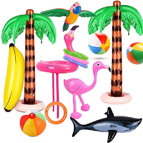 Evance 14 Stücke Aufblasbare Palmen Flamingo Spielzeug Aufblasbare Bananenstrandbälle Fliegen Papagei Hai mit Ringwurfspiel Aufblasbare Flamingo Wurfspiel Pool Spielzeug (14 PCS) von EvanceDirect