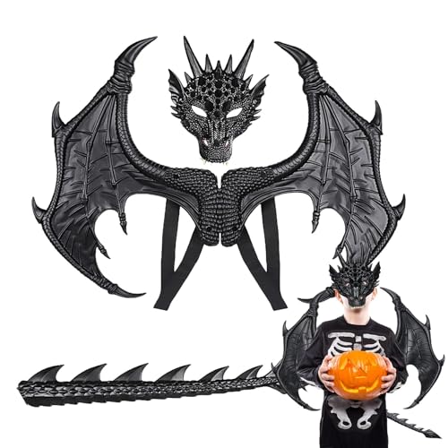 Eventerde Drachenflügel-Schwanz-Kostüm-Set, Drachen-Cosplay-Requisiten - Drachenflügelschwanz-Set für Kinder - Drachenflügel-Schwanz-Gesichtsbedeckung, Halloween-Cosplay-Set für Weihnachten, Ostern, von Eventerde