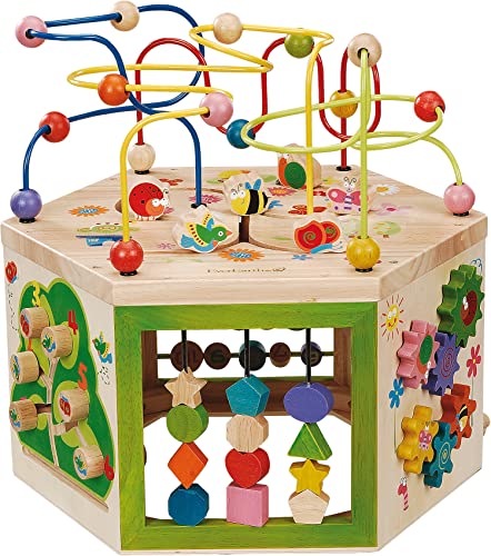 EverEarth 7 in 1 großer Motorikwürfel aus nachhaltigem Holz - Kinderspielzeug mit Motorikschleife 39 x 35,5 x 41 cm - Kinder Spiele Center mit unbedenklichen Wasserfarben - Spielwürfel EE33285 von EverEarth