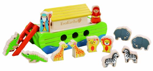 EverEarth Kleine Arche Noah aus nachhaltigem Holz inklusive Zubehör - Lernspielzeug mit umweltfreundlichen und unbedenklichen Wasserfarben für Jungen und Mädchen - Arche Noah Set EE33287 von EverEarth