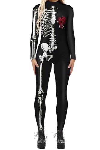 Evioset Einteiliger Strampler für Damen, Totenkopf-Skelett, Halloween-Kostüm, Overall, Skelett gebrochenes Herz, L-XL von Evioset