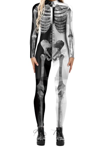 Evioset Damen Halloween 3D Druck Kostüm Skelett Cosplay Schädel Einteiler Outfit Strampler Jumpsuit Kontrast Perspektive S-M von Evioset