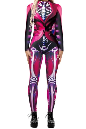 Evioset Damen Halloween 3D Druck Kostüm Skelett Cosplay Schädel Einteiler Outfit Strampler Overall Roter Mantel L-XL von Evioset