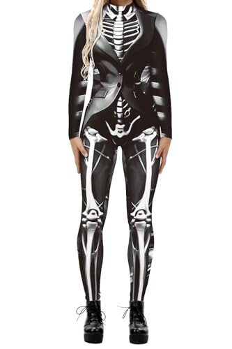 Evioset Damen Halloween 3D Druck Kostüm Skelett Cosplay Schädel Einteiler Outfit Strampler Overall Schwarz Mantel S-M von Evioset