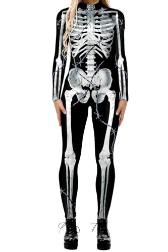 Evioset Einteiliger Strampler für Damen, Totenkopf-Skelett, Halloween-Kostüm, Overall, Skelettdraht, L-XL von Evioset